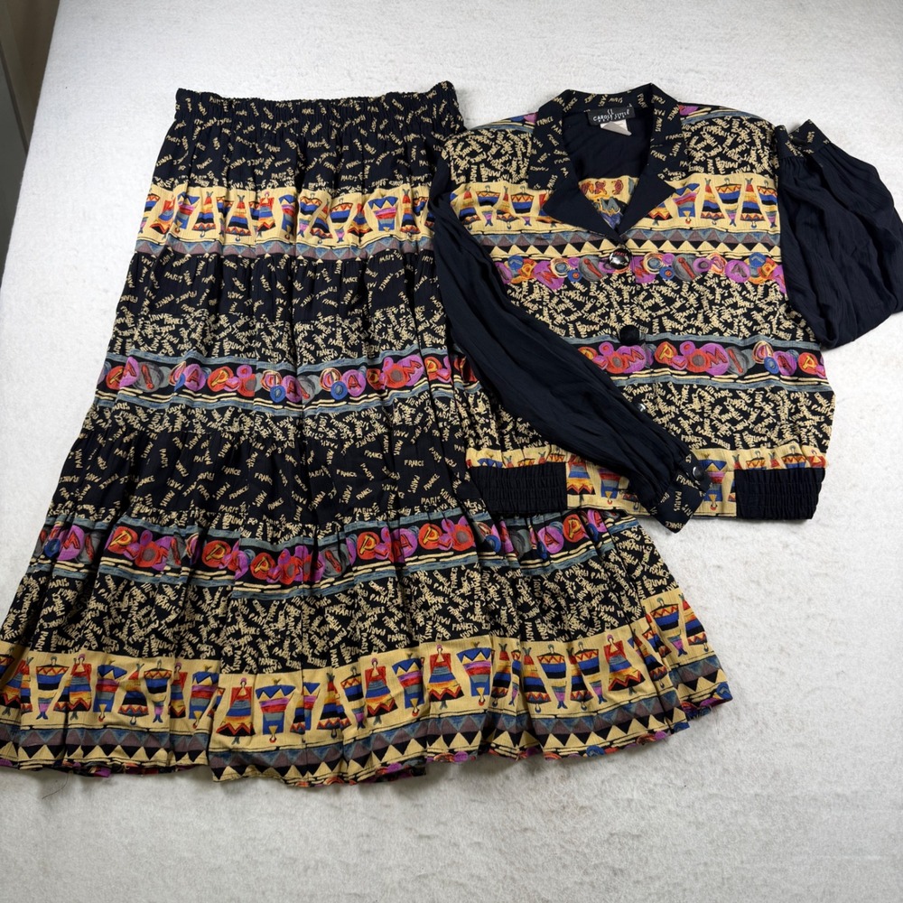 Vintage Carole Little Petites Paris Rayon Gauze Jacket and Skirt Set Womens 8 14